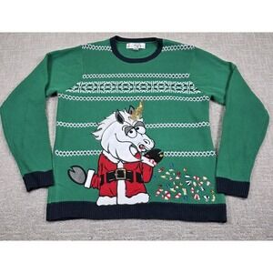 Jolly Sweaters Unicorn Vomiting Sequins Mens Large Green Ugly Christmas Sweater